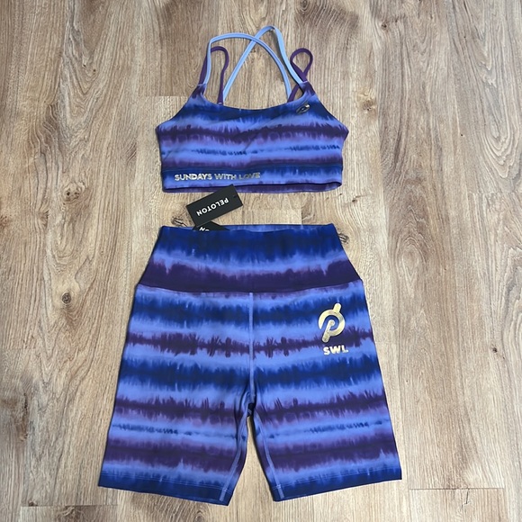 Peloton SWL Ally Love Purple Tie Die Stripe Cadent Strappy Bra & 7” Bike Short